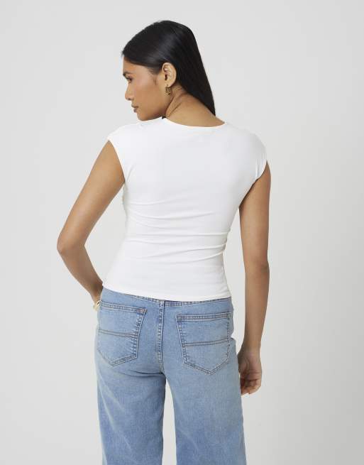 Brave Soul Round neck sleeveless top with ruching in white, 2 of 4