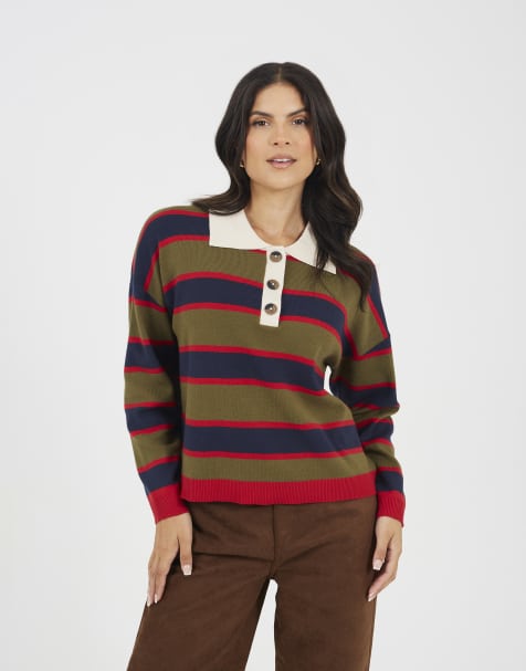 Brave Soul Rubgy stripe knitted jumper in navy