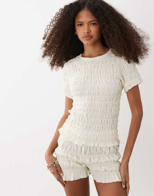 Brave Soul ruched short sleeve t-shirt and shorts set with ruffle detail in off white, 2 of 3