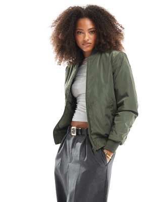 Brave Soul Ruched sleeve oversized bomber jacket in khaki-Green
