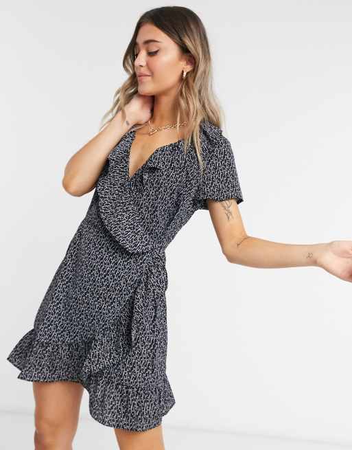 Brave Soul ruffle wrap mini dress in black polka dot | ASOS