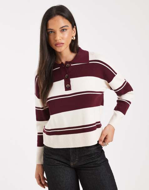 Brave Soul rugby knit polo jumper in burgundy and ivory stripe - view 1