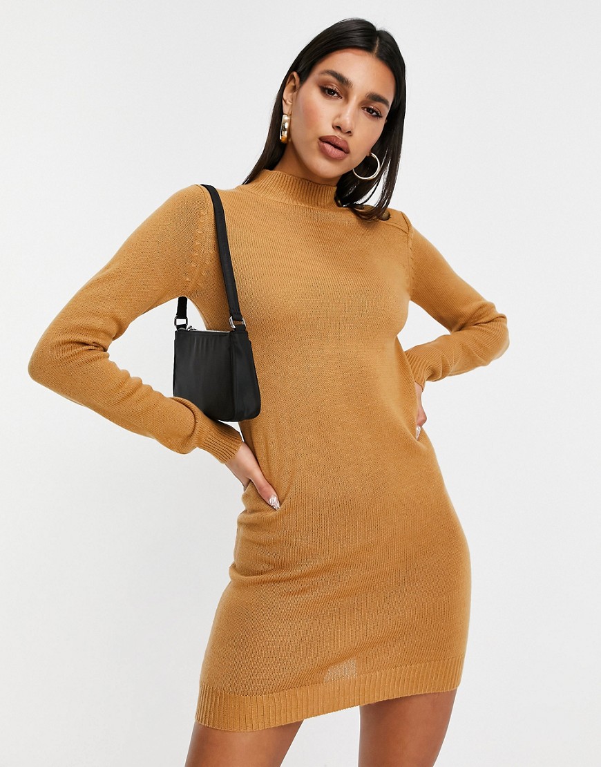 Brave Soul rula knitted sweater dress with buttons-Brown