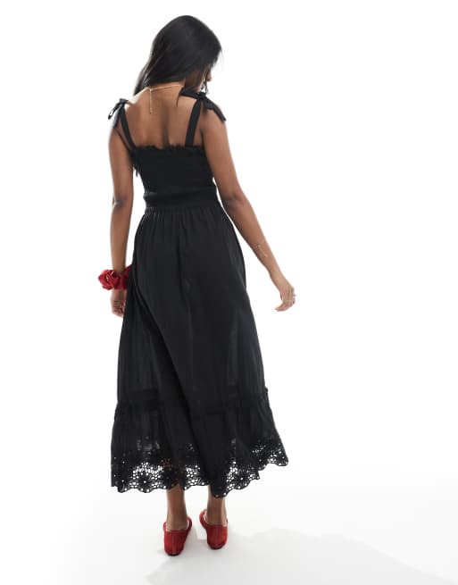 Brave Soul s– Gesmoktes Maxikleid in Schwarz mit Riemchenträgern und Spitzendetail, 3 von 4