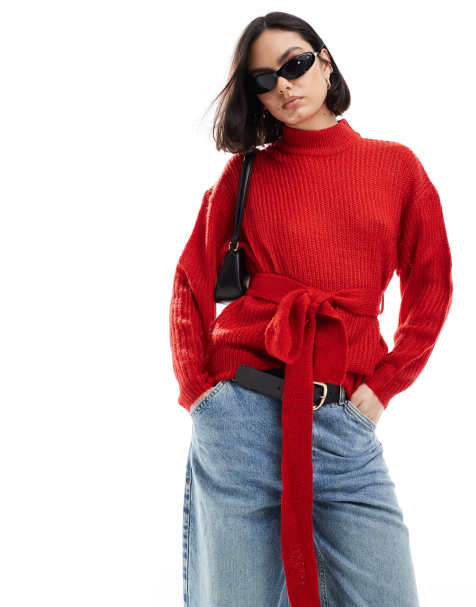 Brave Soul saka waist tie sweater in red - view 1