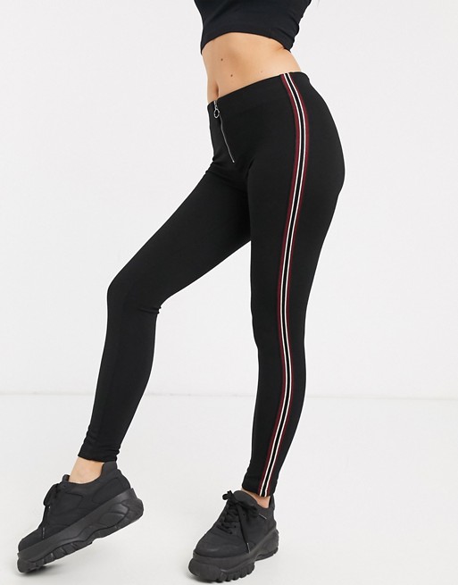 Brave Soul sally zip front trousers with side stripe in black