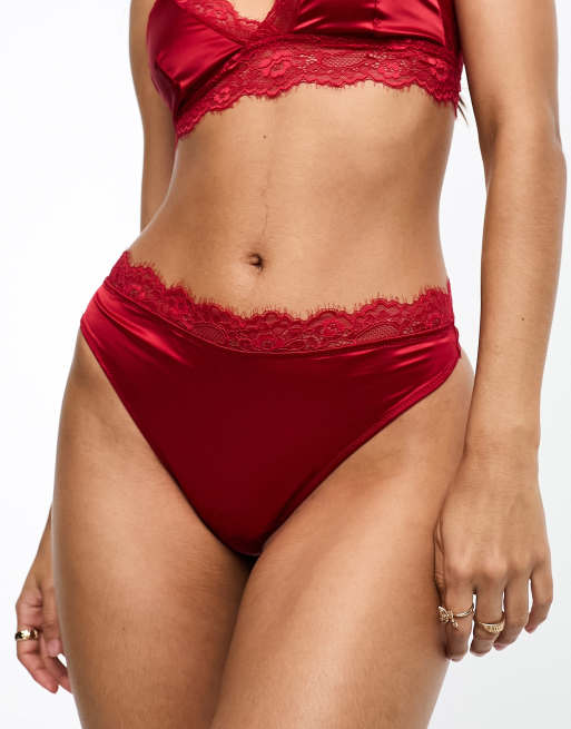 Brave Soul satin and lace trim thong in deep red