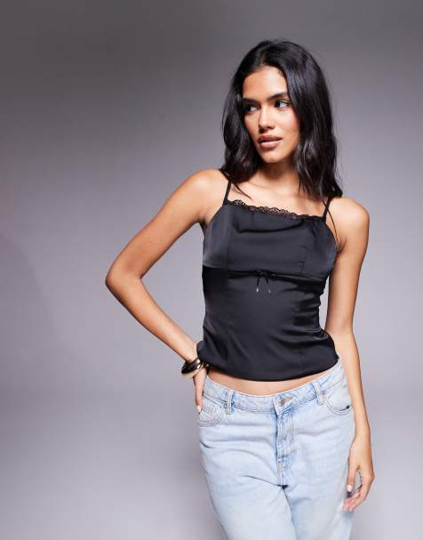 Brave Soul satin fitted cami top with bow detail in black