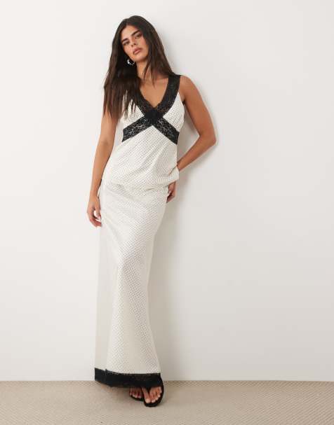 Brave Soul satin maxi skirt with lace trim in cream and black polka dot print - view 1