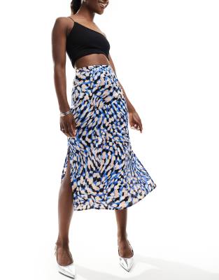 Brave Soul satin midi skirt in blue animal print-Multi