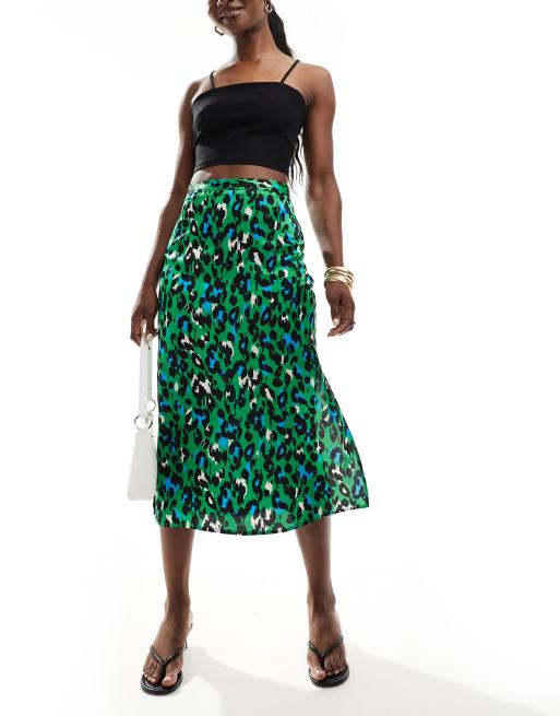 Brave Soul satin midi skirt in green animal print ASOS