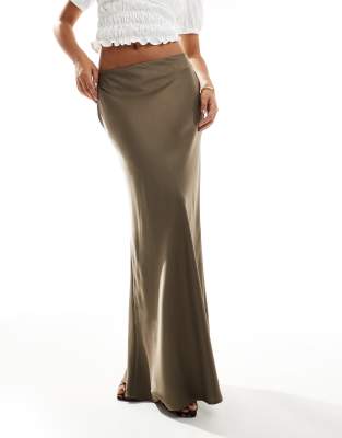 Brave Soul Brave Soul satin midi skirt in khaki-Green