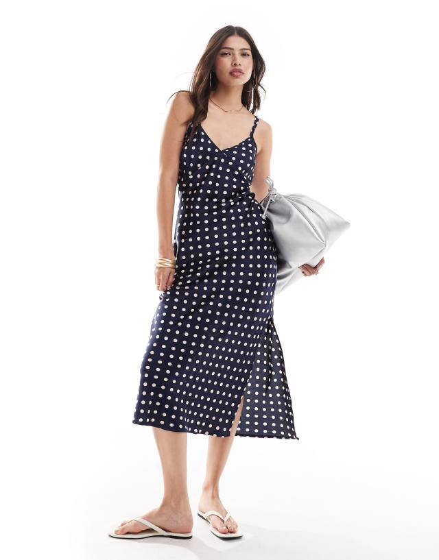 Brave Soul - satin slip dress in navy polka dot print