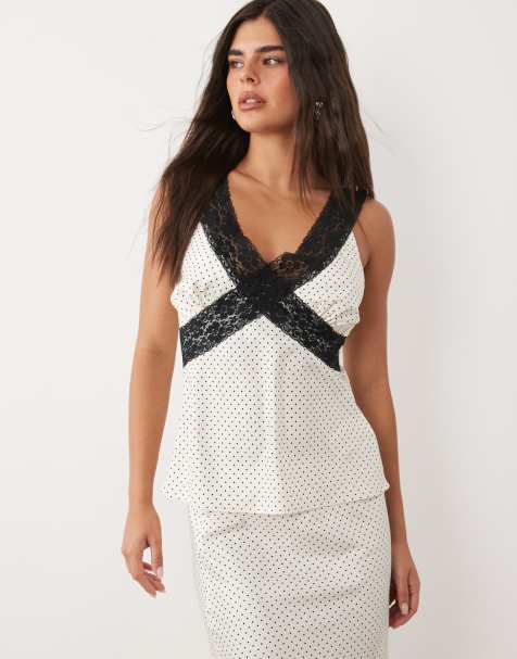 Brave Soul satin v-neck cami with lace trim in cream and black polka dot print - view 1