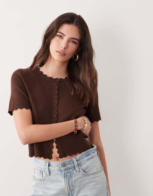 Brave Soul scallop edge short sleeve cardigan in chocolate brown, 4 of 4