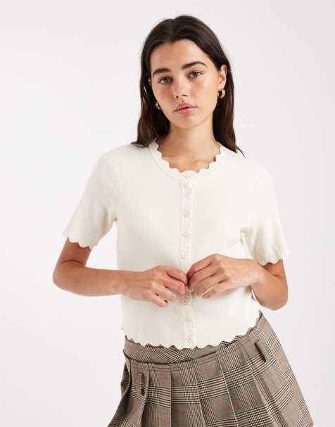 Brave Soul scallop edge short sleeve cardigan in ivory