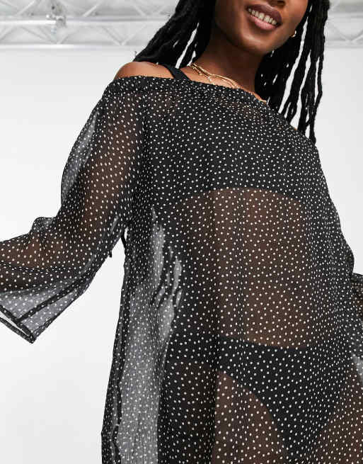 Brave Soul – Schulterfreies, schwarz gepunktetes Strandkleid, 3 von 4