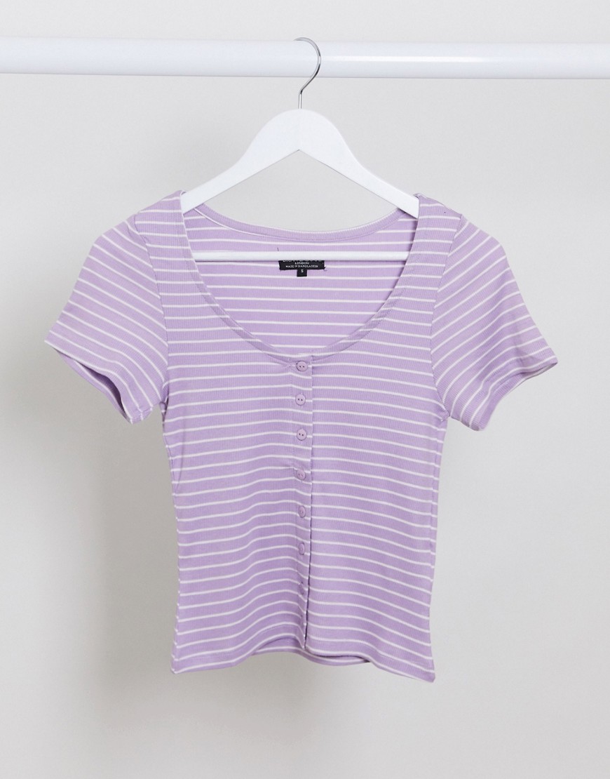 Brave Soul scoop neck button through t-shirt in lilac stripe-Purple