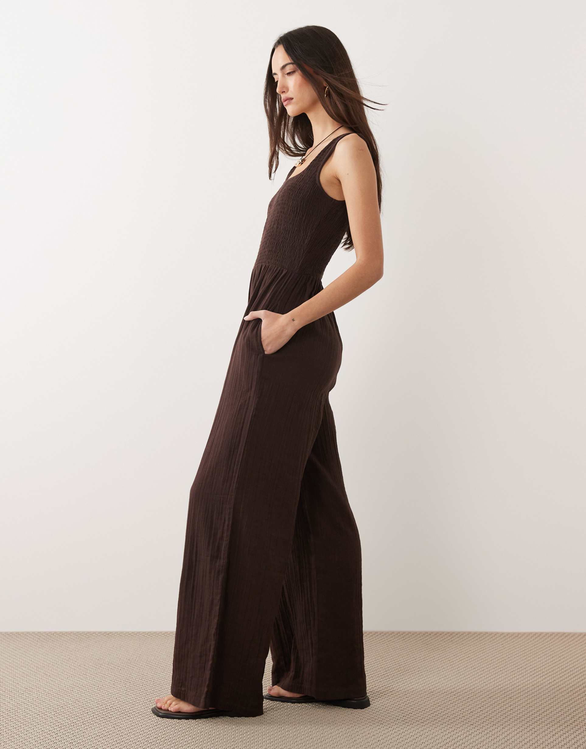brave soul scoop neck jumpsuit in chocolate brown