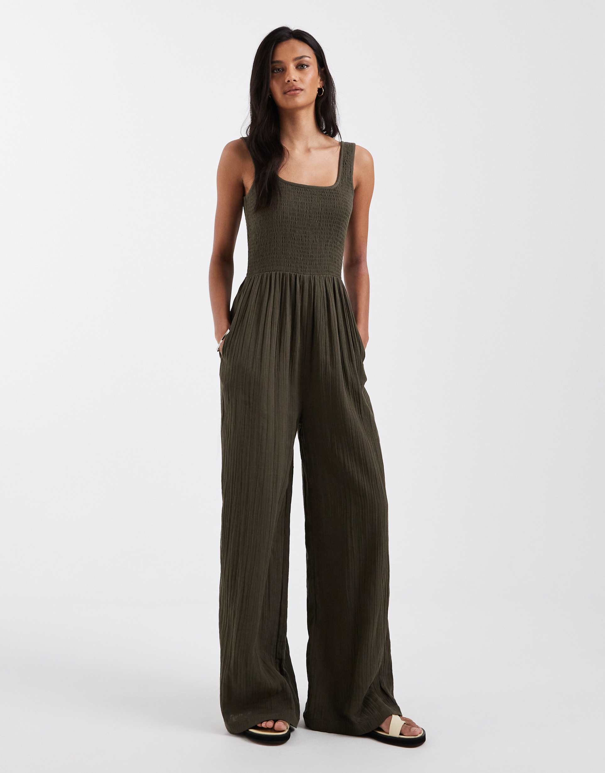 brave soul scoop neck jumpsuit in khaki