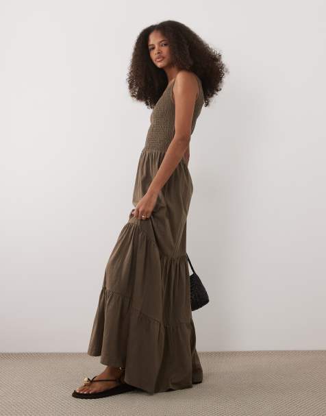 Brave Soul scoop neck shirred bodice maxi dress with tiered skirt in brown - view 1