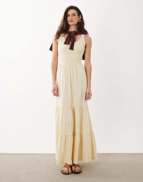 Brave Soul scoop neck shirred bodice maxi dress with tiered skirt in yellow - view 1