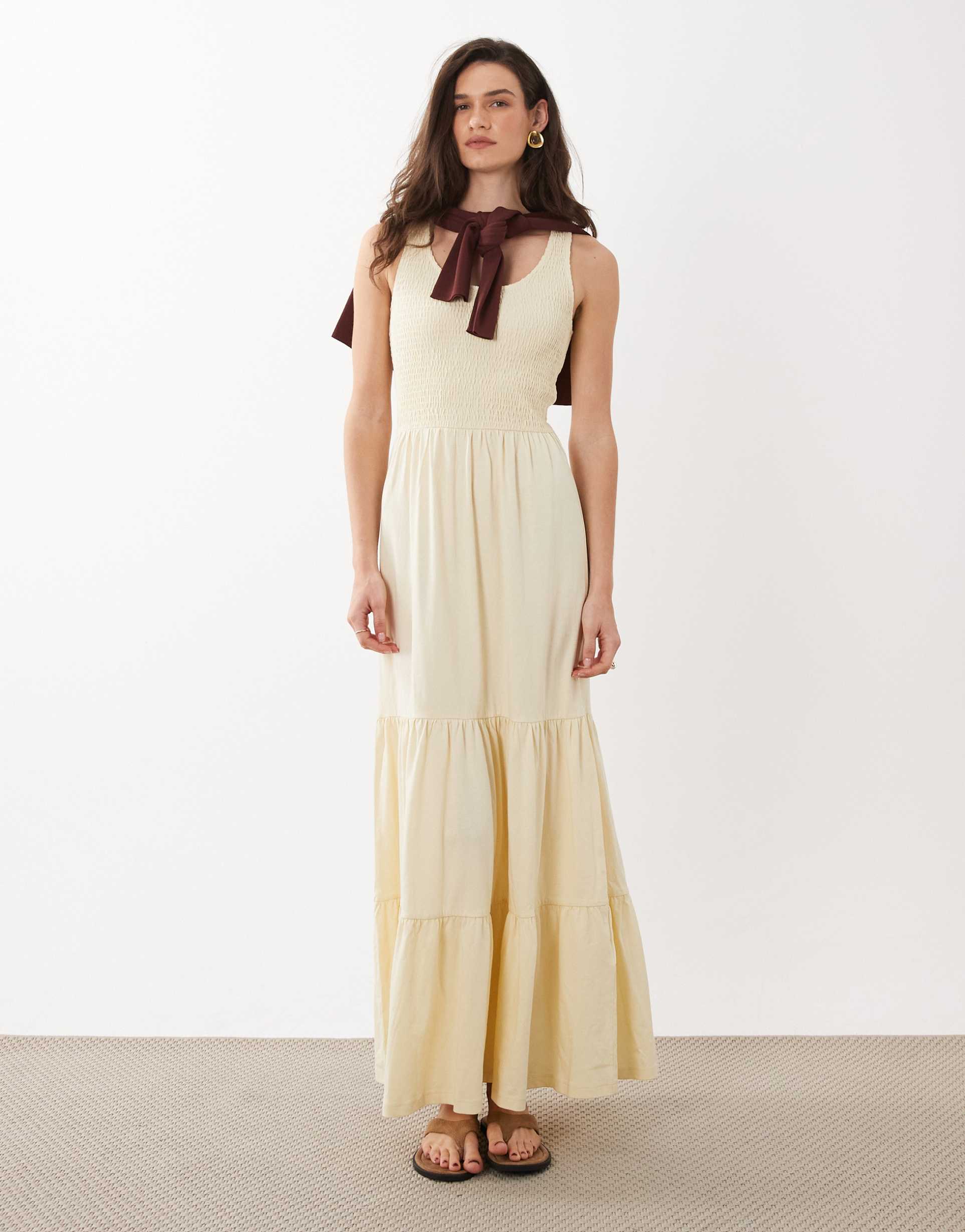 brave soul scoop neck shirred bodice maxi dress with tiered skirt in yellow