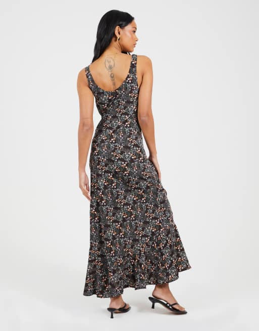 Brave Soul Scoop neck strappy printed maxi dress in black, 3 of 3