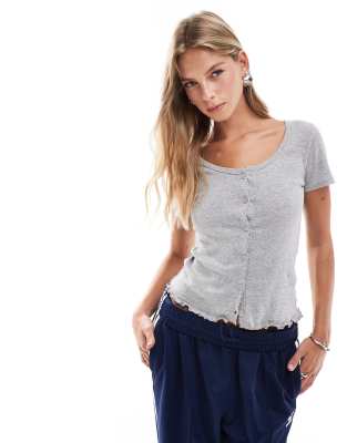 Brave Soul scoop neck t-shirt with lettuce hem in grey