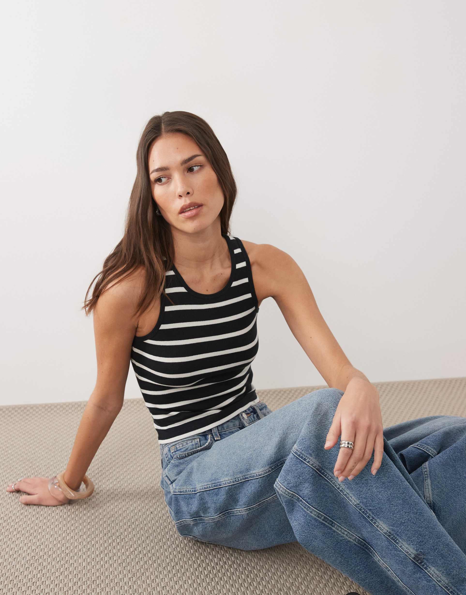 brave soul scoop neck tank top in black and cream stripes