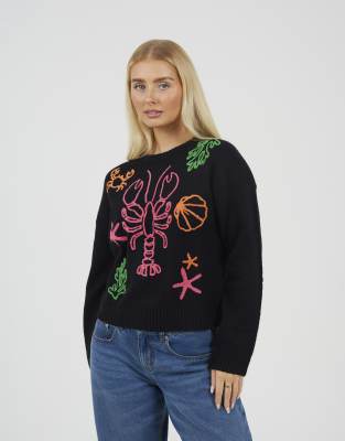 Sea Life - Bestickter Pullover in Schwarz Schwarz 38