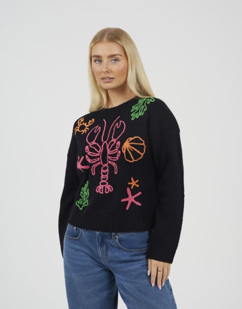 Brave Soul Sea life embroidered jumper in black - view 1