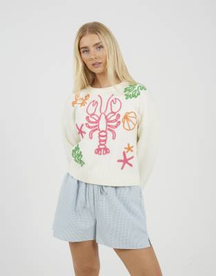 Brave Soul Sea life embroidered jumper in cream-White
