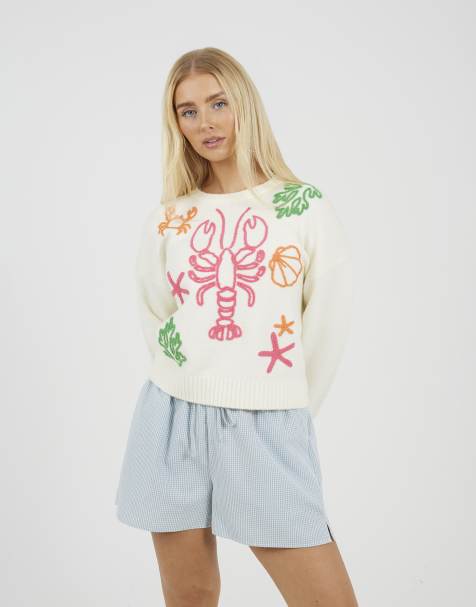Brave Soul Sea life embroidered jumper in cream