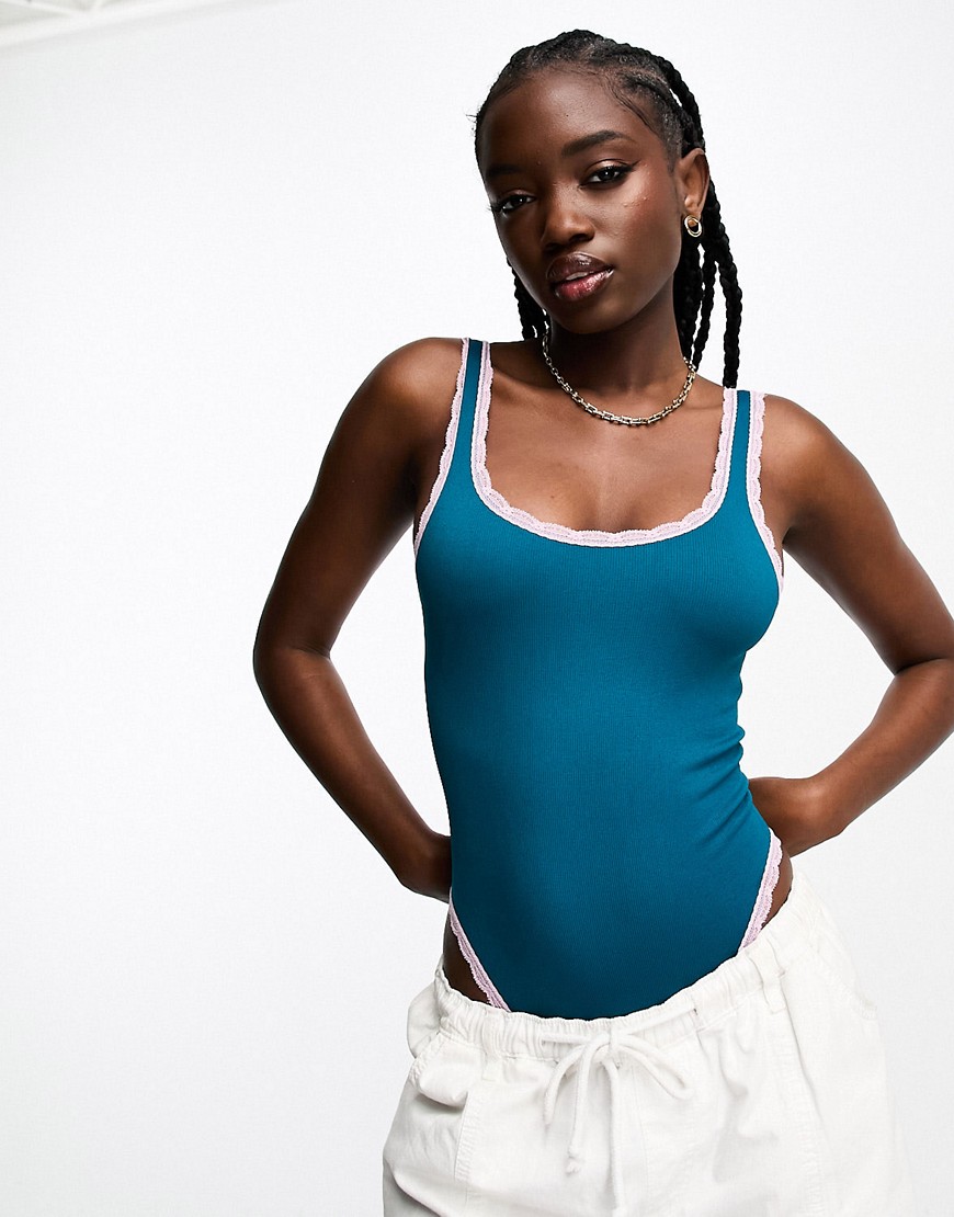 Brave Soul Seamless Bodysuit With Contrast Trim In Teal-blue