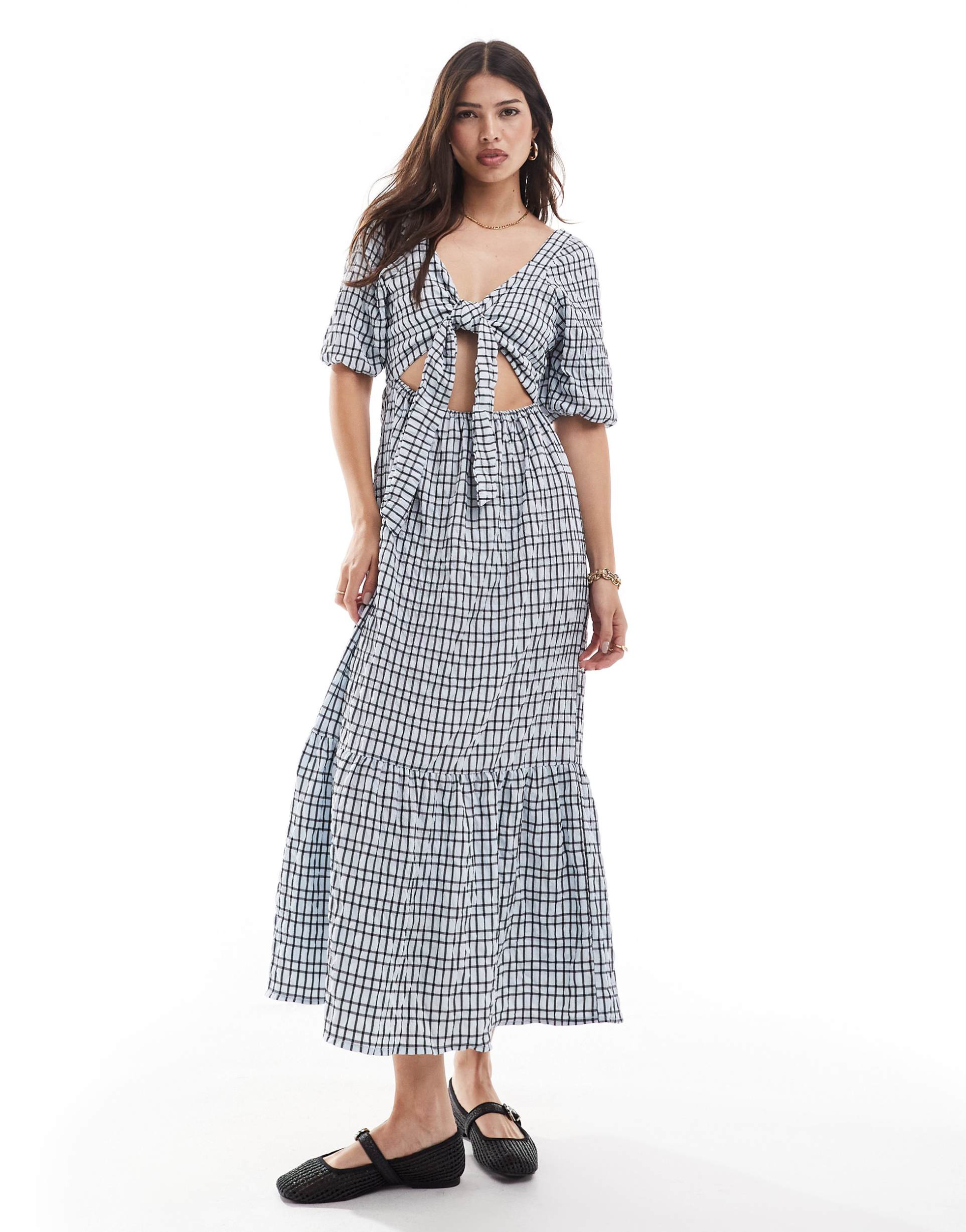 brave soul seersucker maxi dress in blue gingham print
