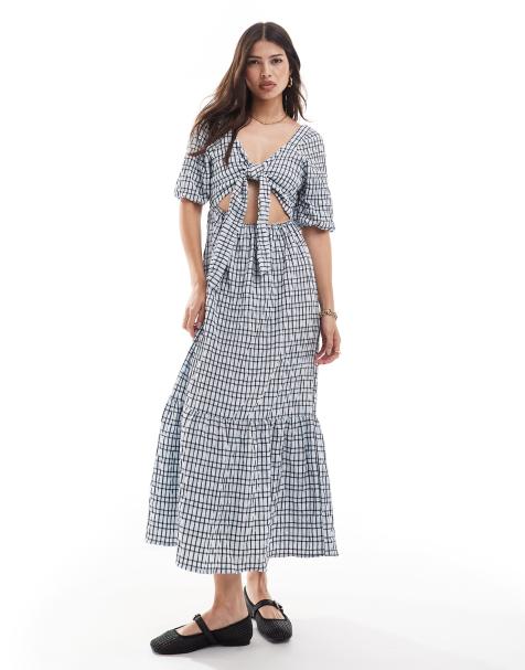 Brave Soul – Seersucker-Maxikleid in Blau mit Vichy-Karos - view 1