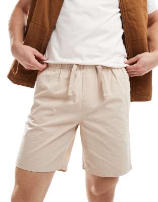 Brave Soul Brave Soul seersucker shorts with elasticated waist in stone-Neutral