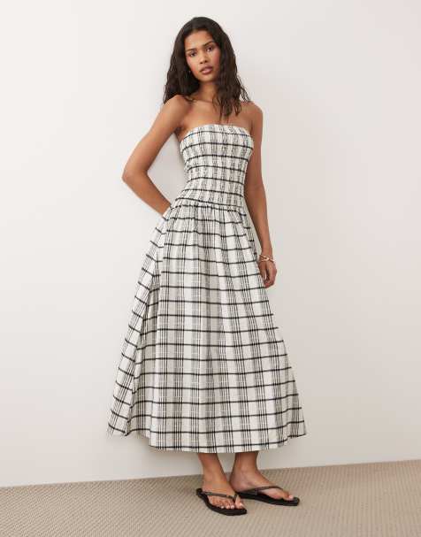 Brave Soul seersucker strapless midi dress with shirred bodice in all over plaid - view 1