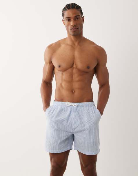 Brave Soul seersucker swim shorts in blue and white stripe - view 1