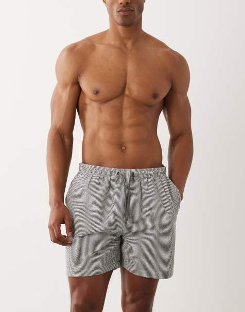 Brave Soul seersucker swim shorts in charcoal and white stripe - view 1