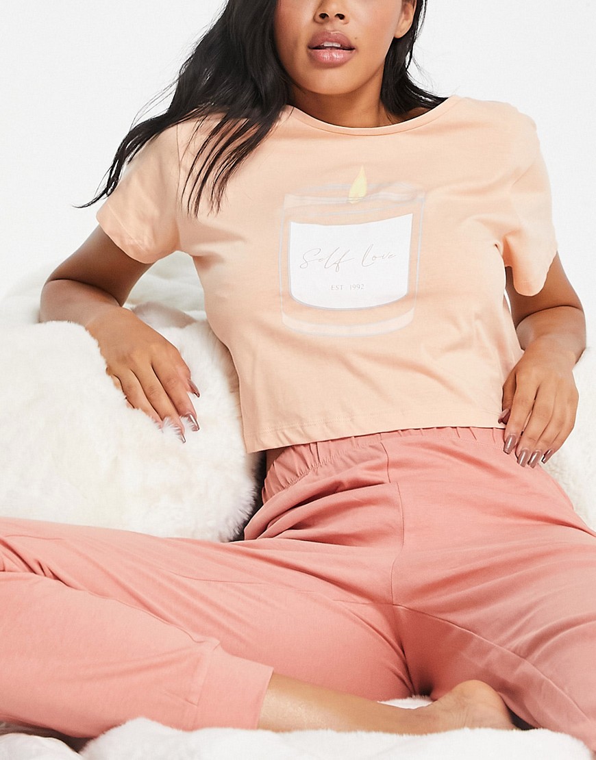 Brave Soul self love candle slim fit pants pajama set in light pink and blush