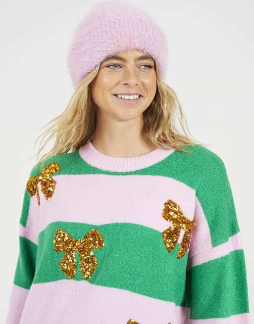 Brave Soul Sequin bow stripe christmas jumper in pink, 4 of 4