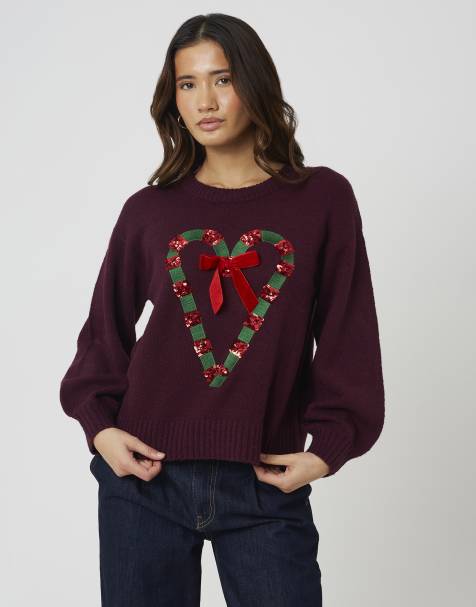 Brave Soul Sequin candy cane christmas jumper in burgundy - view 1