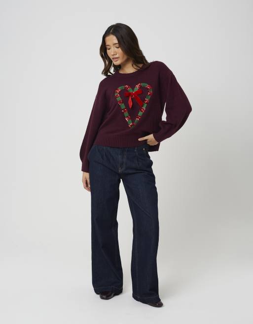 Brave Soul Sequin candy cane christmas jumper in burgundy, 3 of 4