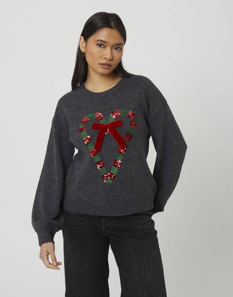 Brave Soul Sequin candy cane christmas jumper in mid grey - view 1