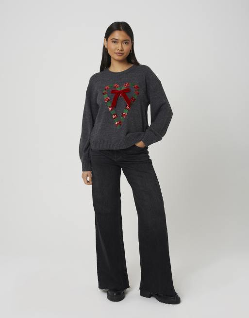 Brave Soul Sequin candy cane christmas jumper in mid grey, 3 of 4