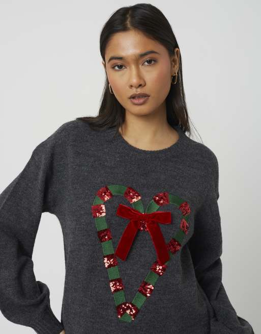 Brave Soul Sequin candy cane christmas jumper in mid grey, 4 of 4