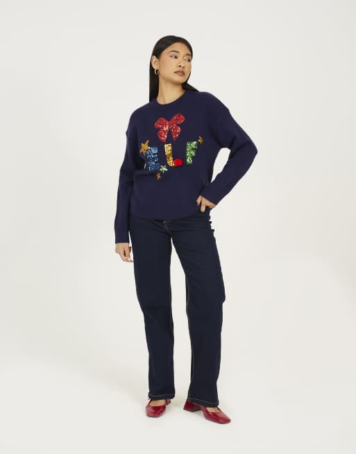 Brave Soul Sequin embellished elf christmas jumper in navy, 3 of 4