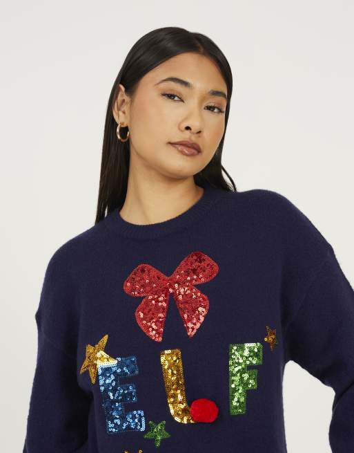 Brave Soul Sequin embellished elf christmas jumper in navy, 4 of 4
